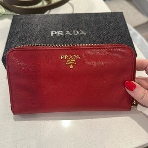 Prada Large Saffiano Fiery Red Zippy Leather Wallet